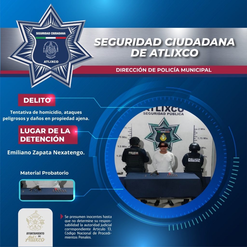 Policías de Atlixco detienen a sujeto por tentativa de homicidio y portación de arma de fuego