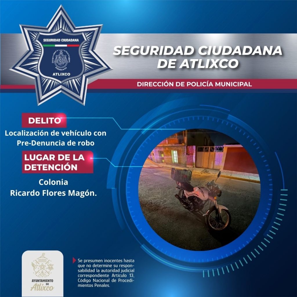 SECRETARÍA DE SEGURIDAD CIUDADANA DE ATLIXCO RECUPERA MOTOCICLETA CON PRE-DENUNCIA DE ROBO