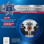 SECRETARÍA DE SEGURIDAD CIUDADANA DE ATLIXCO ASEGURA VEHÍCULO CON PREDENUNCIA DE ROBO Y DETIENE A UN MASCULINO.
