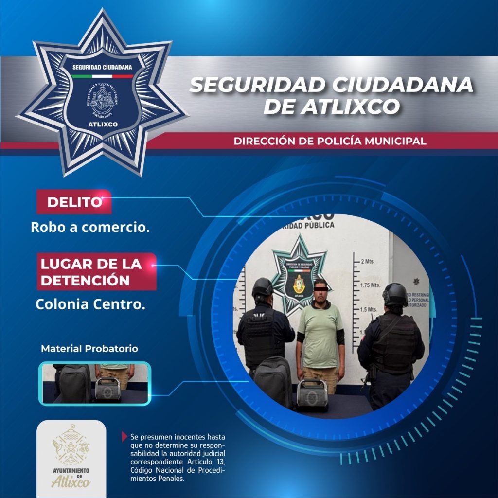 SECRETARÍA DE SEGURIDAD CIUDADANA DE ATLIXCO DETIENE A PRESUNTO LADRÓN EN EL CENTRO