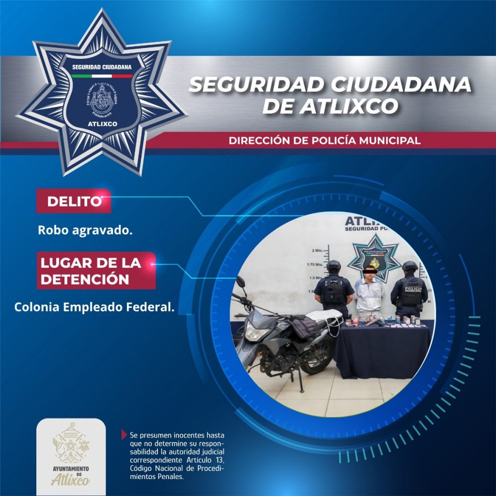 Policía de Atlixco detiene a asaltante tras persecución por robo 