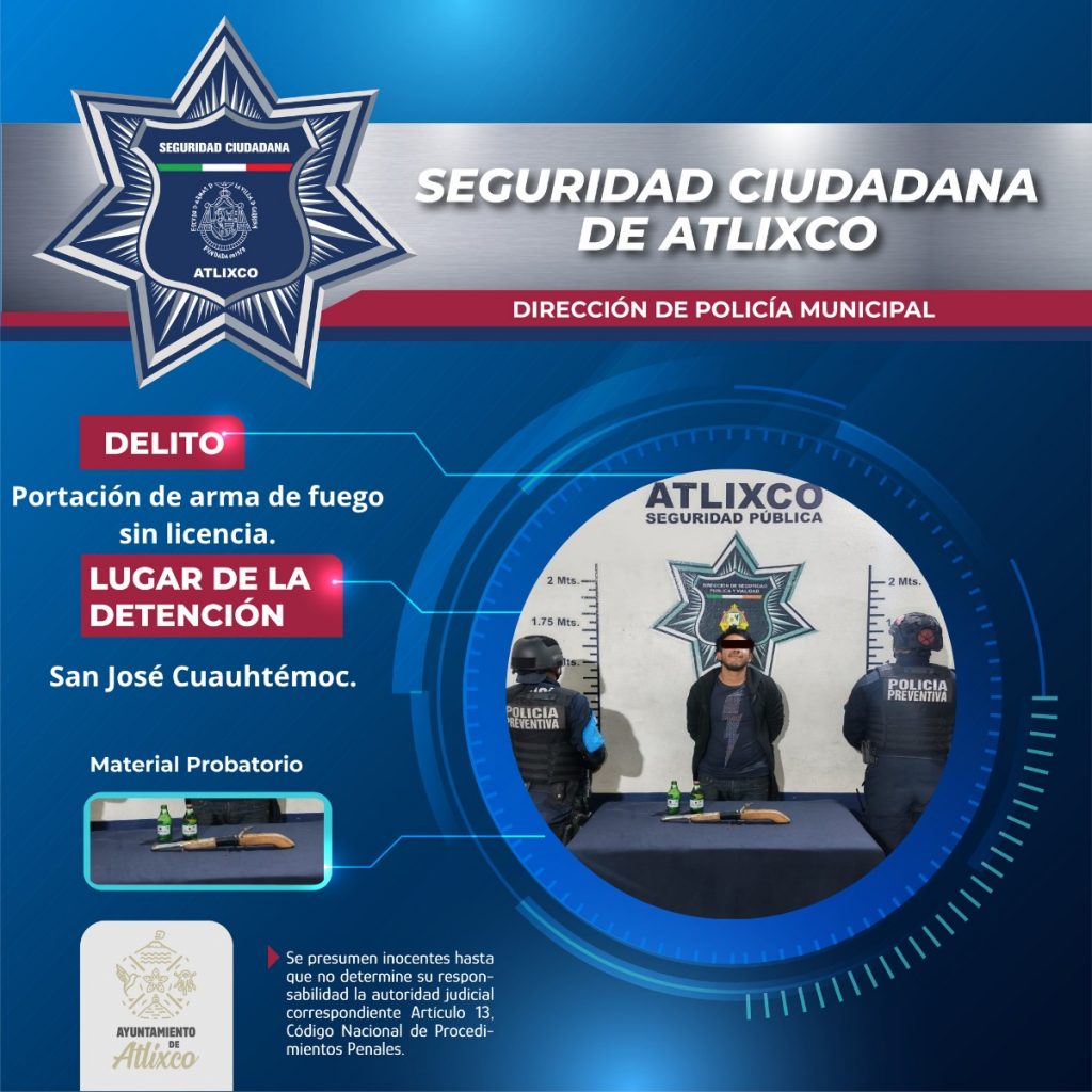Policía Municipal de Atlixco asegura a hombre por portación de arma 
