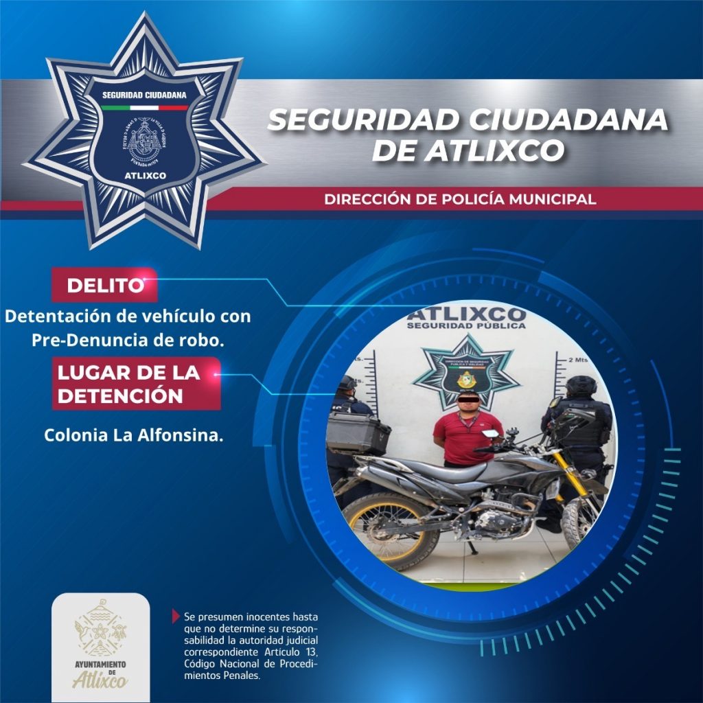 Recupera policía de Atlixco motocicleta con reporte de robo